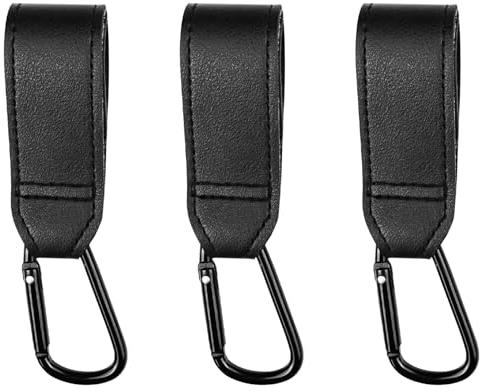 Lectorias 3 Stück Kinderwagen Haken Schwarz, Kinderwagenhaken Taschenhaken Anhänger in Universeller Passform, Klettverschluss Haken Kinderwagen aus Leder zum Aufhängen Taschen Rucksäcken Geldbörsen