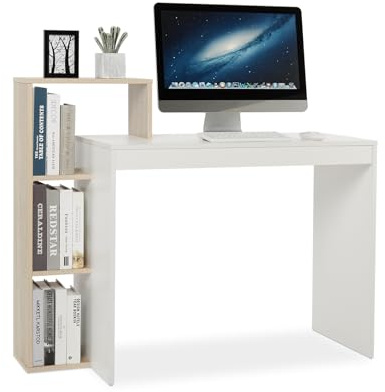Mondeer Compact Computer Desk with 3 Storage Shelves, Space Saving Writing Desk, 110 x 40 x 92 cm, for Home Office Workstation Study, White and Oak