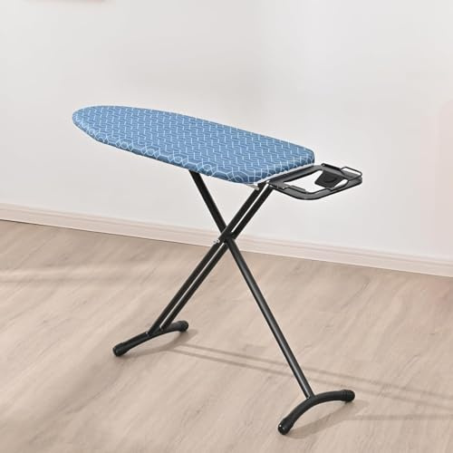 Foldable Ironing Board with Iron Rest, Extra Thick Cotton Cover & 7mm Felt Padding, Space Saving Compact Design, Adjustable Height, Lightweight Steel Frame, 116.5x33cm