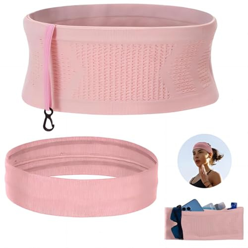AUSYIWI Unisex Running Belt,laufgürtel*1+ Stirnband*1, Gute Elastizität und Atmungsaktivität, große Kapazität Sports Belt Bag, geeignet für Training/Wandern/Joggen/Fitness,(Rosa)