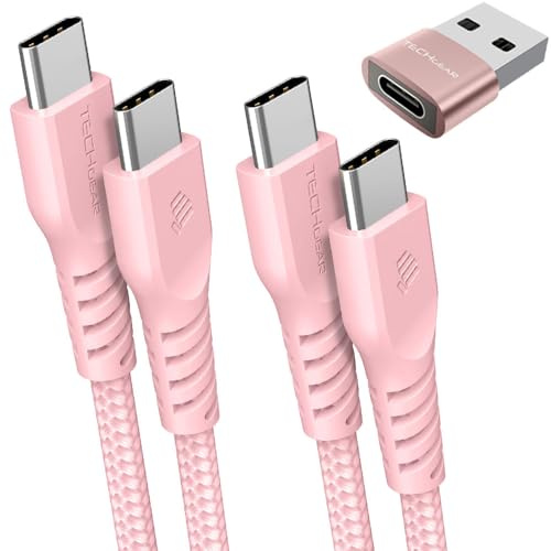 TECHGEAR Câble de chargeur USB C vers USB C 60 W (1 M + 2 M + adaptateur) Câble C vers C tressé solide Câble de données de charge rapide de type C Compatible avec iPhone 15, iPad Pro 2022, MacBook Pro