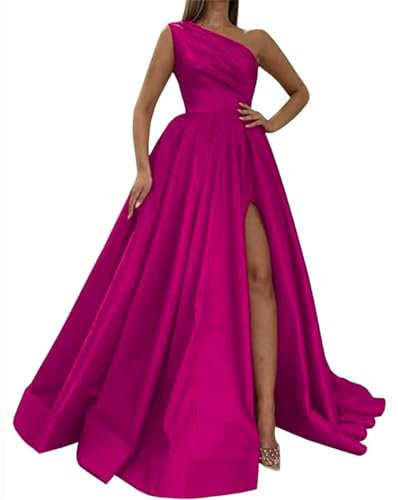 WSEYU Vestidos de fiesta de satén de un hombro con abertura larga, formal, vestido de fiesta de noche, vestido de baile dividido con bolsillos, fucsia, 40