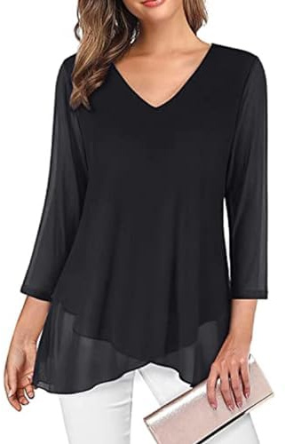 SHEKINI Dam V-krage 3/4 Ärmar Tunika Andningsaktiv Avslappnad Ruffle Blus Dubbel Chiffong Toppar Ren Färg Veckad Elegant Tröja, Svart, XL