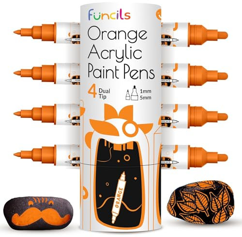 Funcils 4 rotuladores acrílicos Naranja para piedras, vidrio, madera y lienzo - Marcadores Doble punta con punta de 1mm,5mm. Los bolígrafos acrílicos son ideales para adultos y niños.