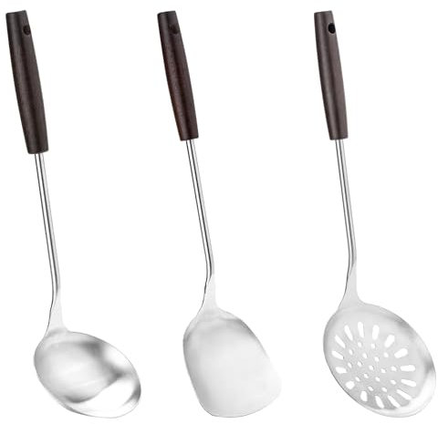 FJNATINH Wok Spatula, wok Cuchara y Wok Espumadera Set de utensilios de cocina de acero inoxidable, adecuado para cocinas con mango de madera resistente al calor largo