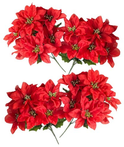 iwiio Poinsettia Artificial Flowers - 4 Bundles Artificial Christmas Flowers & Foliage, Artificial Poinsettia Bushes for Porch Home Garden Indoor Outdoor Christmas Decorations