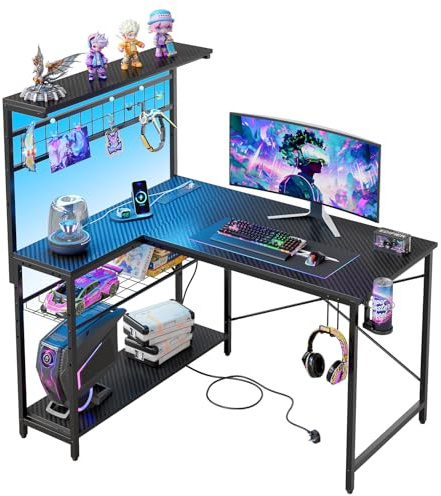 Bestier L-Shaped Gaming Desk with Power Outlets, LED Workstation with 4 Tiers Shelves for Home Office, Gamer Reversible Table with Hooks and Cup (BDCF, 106cm)