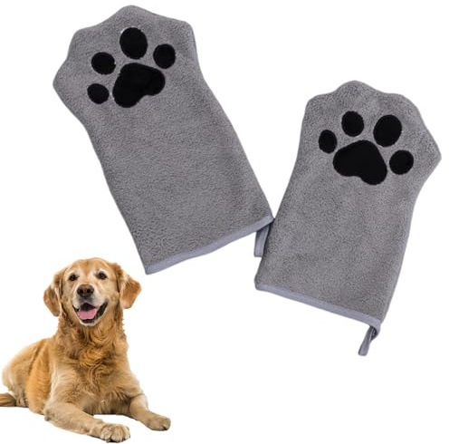 CavspkArt 2 Pcs Dog Cleaning Towels Glove for Dogs and Cats, Soft Microfibre Pet Towel Mitts Coral Fleece, Water-Absorbent Pet Drying Mitts, Cute Cat Paw Gloves Towel (Grey)