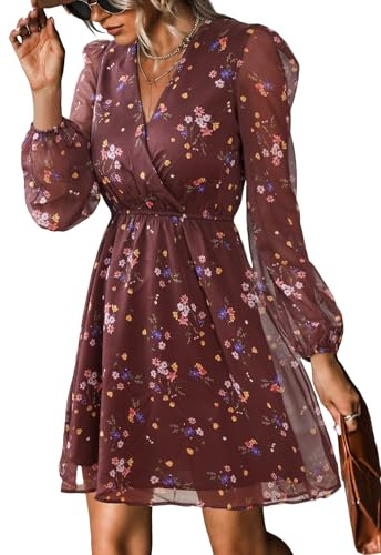 CUPSHE Damen Kleid V Ausschnitt Wickeloptik Transparente Lange Ärmel Freizeitkleider Wrap Mini Dress Burgunderrot Ditsy L