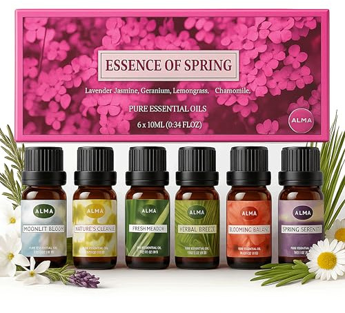 Alma Coffret Huiles Essentielles – Huile Essentielle Aromathérapie – Menthe Poivrée & Eucalyptus 10 ml – Diffuseur et Ambiance Maison – Orange Douce, Bergamote, Basilic & Tea Tree – 6 Flacons 10 ml | Diffusion d'huiles essentielles silencieuse et décorative
