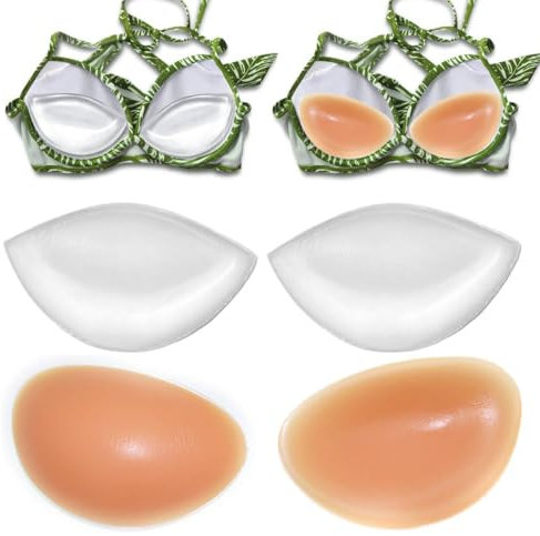 POMAMZ 2 Pairs Silicone Bra Pads Inserts, Push Up Bikini Pads, Removable Fake Breasts Bra Fillers Enhancers, Silicone Chicken Fillets Bra Inserts Pads,Beige/Transparent