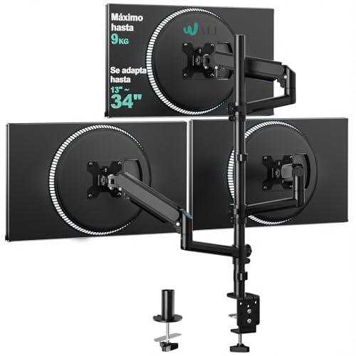 WALI Monitor Halterung 3 Monitore für 13-34 Zoll Bildschirme,Höhenverstellbar mit Verstellbarem Arm,bis 9kg pro Arm,Klemm-und Durchführungsfuß,Für Büro und Gaming,VESA 75/100mm(GSDM003XL),Schwarz
