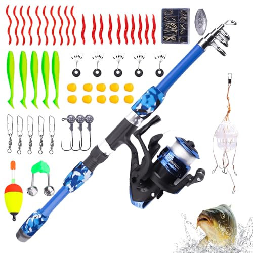 GAOUTO Kit de pêche pour enfants - Avec moulinet et leurres - En fibre de carbone - Canne à pêche télescopique de 1,8 m et moulinet de ligne de pêche - Accessoires de pêche pour enfants