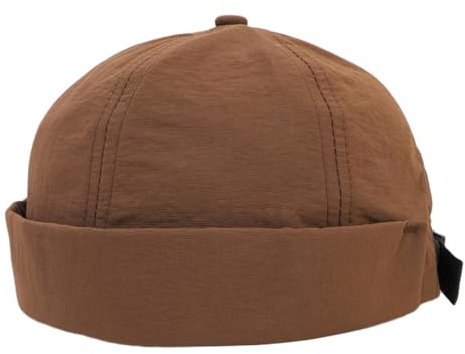 QKURT Docker Hat for Men, Summer Quick-Drying Thin Solid Color Retro Beanie Brimless Sailor Cap Rolled Cuff Worker Sailor Hat Adjustable Fisherman Docker Cap Brown