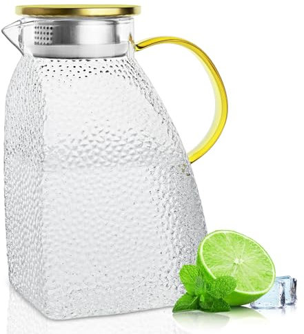 Water Pitcher, Wieat Clear High Borosilicate Glass Jug with Stainless Steel Lid, Leakproof Fridge Door Carafe for Hot or Cold Beverage (1.8 L/63 oz)