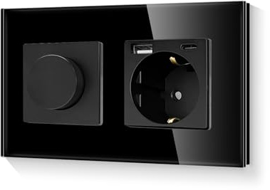 LIAONFOY Drehdimmer Drehschalter mit 20W Wandsteckdose USB C Kombination Dimmer Schalter mit Steckdose Kindersicherung Schwarz 2Fach 110-220V 157mm (Neutrale erforderlich)