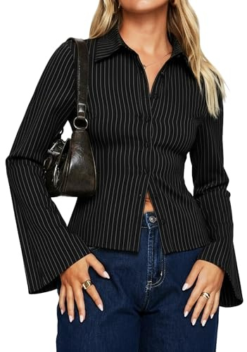 Navneet blus damer långärmad skjorta randig elegant skjorta blus fodral sexig blus skjorta långärmad skjorta casual outftit, Svart randig slimming, S