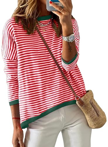 Wayleb Jersey de Mujer a Rayas Cuello Redondo Jerséis para Mujer Casual Camisetas Manga Larga Otoño Invierno Ligero Suéter Basica Pullover Tops