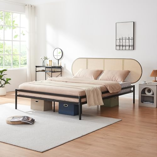 [en.casa] Bett Linköping 160 x 200 cm Bettgestell und Lattenrost Metallbett mit ovalem Kopfteil Doppelbett max. 300 kg Schwarz mit Rattanoptik