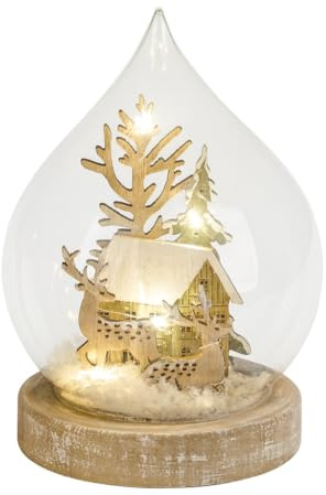 LED Glaskugel Winterlandschaft Glastropfen 16cm mit Holzsockel Timer Weihnachten - liebevoll dekorierte Weihnachtsdeko mit Licht - Rehe, Häuschen & Schnee - batteriebetriebene Winterbeleuchtung