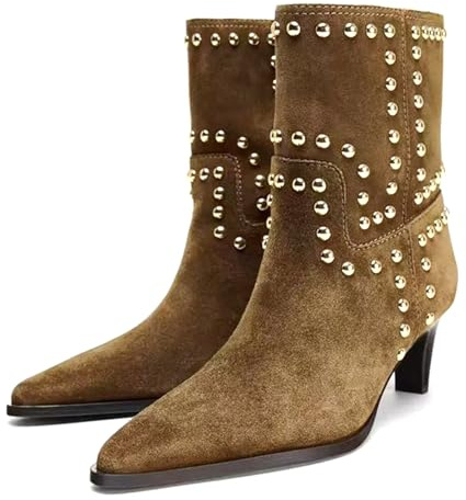 BANGTEUO Womens Suede Studded Kitten Heel Ankle Boots Fashion Pointed Toe Pull On Low Heel Mid-Calf Booties For Party Prom Dressy Dating (Brown,numeric_9)