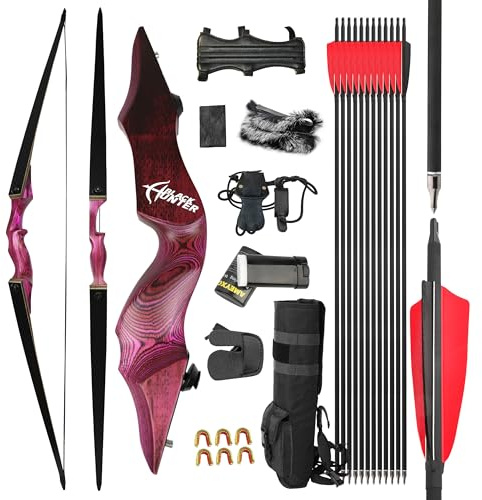 surwolf 60 Zoll Bogenschießen Jagdbogen Recurvebogen 20-60 lbs Takedown Recurve Bogen Adult Sports Bow Langbogen Bogen und Pfeil Set für Rechtshänder(Violett-RH Set,40lbs)