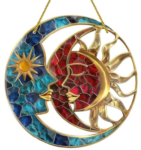 Celestial Sun and Moon Lovers Stained Suncatcher,Couple Wall Art Hanging Decoration with Chain Hooks, Indoor Outdoor Window Ornament, Home Décor Gift