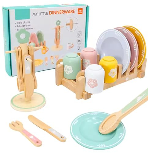Joygoodta Vaisselle Jouet pour Enfants, Ensemble de Cuisine en Bois, Accessoires de Cuisine Jeu, Vaisselle Amusante Montessori pour Enfants, colorée, Tasses et égouttoir pour Filles et garçon