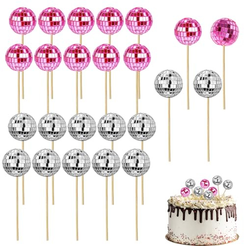 24Pcs Disco Ball Cupcake Toppers, 70s Retro Mini Disco Ball Cake Decoration | Small Shiny Ball Cupcake Decor Ornament with Stick for Birthday, Theme Party Supplies (Pink & Silver)