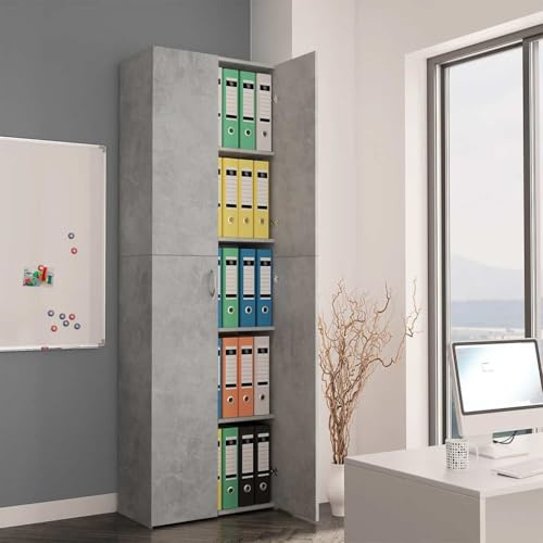 Armadio da ufficio grigio cemento, 60 x 32 x 190 cm, in legno con 5 ripiani e due ante per una conservazione elegante, robusto armadietto e pratico armadietto per