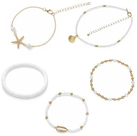 Hadnves 5Teiliges Muschel FußKettchen Set Im Boho Stil Mehrschichtige Verstellbare Fußkette Perlen Verstellbare Perlen Mehrlagige ArmbäNder Muschelmotiven Hawaiianischer Strand Seestern Sommer FußSchm