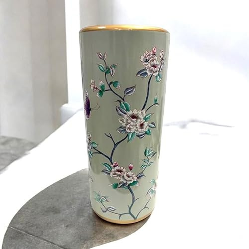 MAISONICA Ceramic Umbrella Stand Stick Holder 44cm Tall Round Green Gold Butterflies Flowers