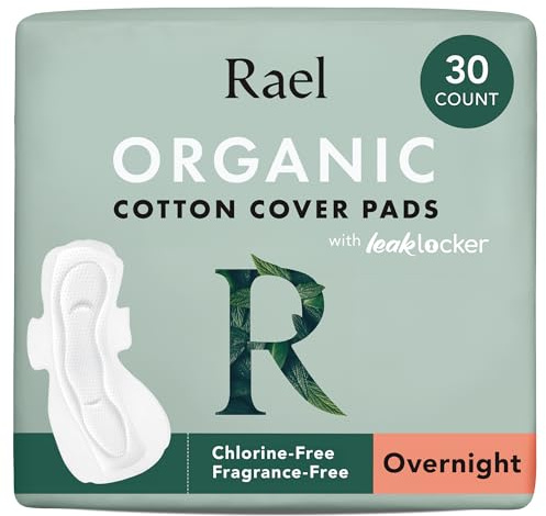 Rael Pads for Women, Organic Cotton Cover - Period Pads with Wings, Feminine Care, Sanitary Napkins, Heavy Absorbency, Unscented, Ultra Thin (Overnight, 30 Count)