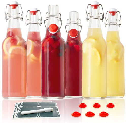 Otis Classic Glass Bottles with Caps - Set of 6 Clear Swing Top Glass Bottles w/Ceramic Lids for Storing Kombucha, Liquor, Syrup, Wine, Kefir & Beer - Bonus Marker & Labels Included, 16oz