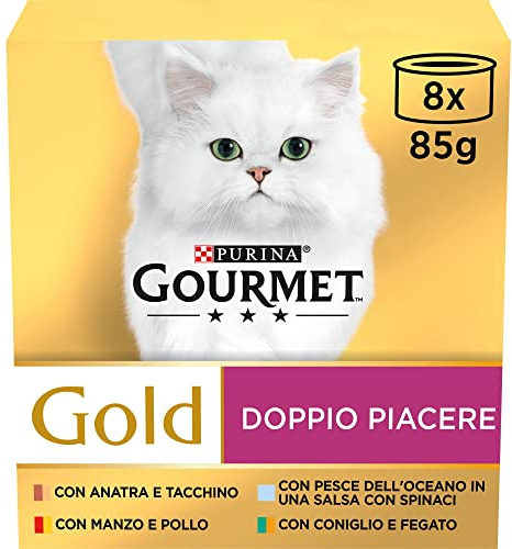 GOURMET Gold Doppio Piacere Cibo Umido per Gatti Adulti Bocconcini con Manzo, Pollo, Coniglio, Fegato, Pesce dell'Oceano, Anatra e Tacchino 96 Lattine da 85g