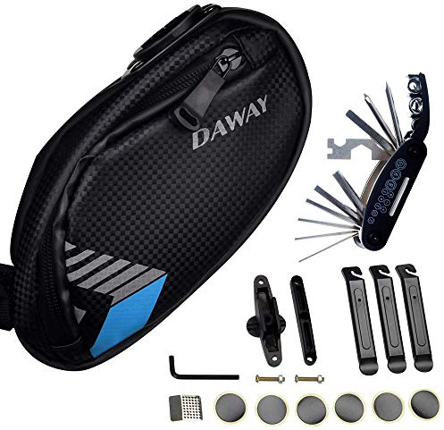 DAWAY A36 Fahrrad Reparatur Werkzeug Set - 16-in-1 Multitool, Leimfreie Reifenflicken, Satteltasche - Erweiterbar, Wasserdicht & Reißfest, Schnallenhalterung, Reflektierendes, für Mountainbike Rennrad