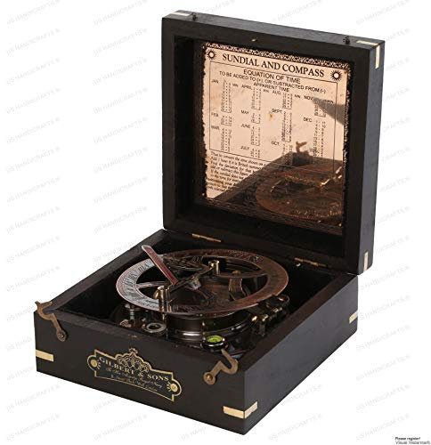 Ideas Handgefertigter Sonnenuhr-Kompass für Herren, Weihnachten, 12,7 cm, perfekt kalibriert, große Sonnenuhr-Kompass, schwarzes Holzgehäuse, hochwertige gravierte Messing-Sonnenuhr mit geprägter