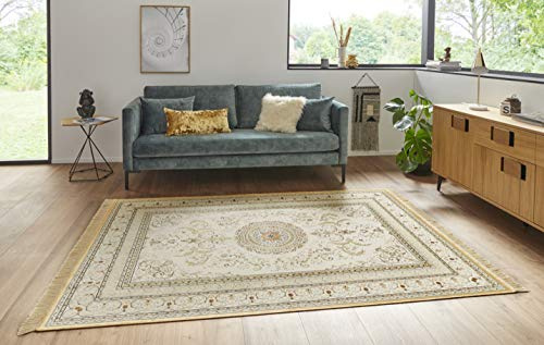 Nouristan Naveh Orient Teppich – Wohnzimmerteppich Orientalisch Kurzflor mit Fransen Vintage Orientalischer Samt-Teppich für Esszimmer, Wohnzimmer, Schlafzimmer – Creme, 195x300cm