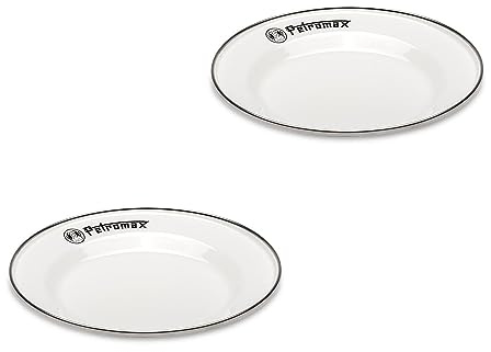 Petromax Emaille Teller 2er Set Weiß - 18 cm Campinggeschirr Outdoor | Leichtes Camping-Geschirr-Set mit Edelstahlrand - ideal für Draußen-Kochen, kratzfest, pflegeleicht und hygienisch