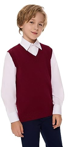 SMILING PINKER Boys Girls Vest V-Neck School Uniform Sleeveless Knitted Top Cotton Jumper(Burgundy,9-10 Years)