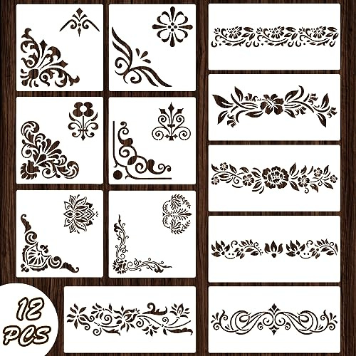 Qpout 12 Pezzi Stencil per Bordi di Fiori per Pittura, Stencil di Bordi per Disegno di Totem Tribale Fiore per Dipingere su Parete Mobili in Legno Pannello in Porcellana Wallpaper, Paper, Fabric
