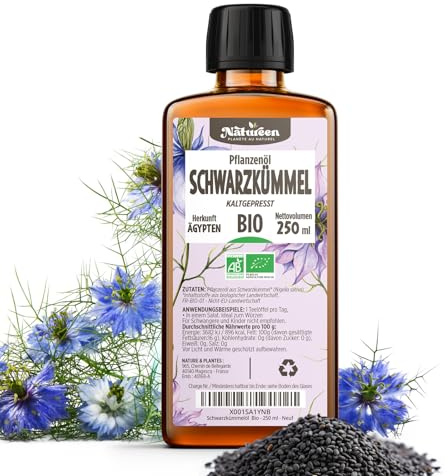 Bio Schwarzkümmelöl - 250 ml - 100% Bio, Rein, Natürlich & Kaltgepresst, ungefiltert, hoher Thymochinon, Omega Fettsäuren, vegan, ohne Zusatzstoffe