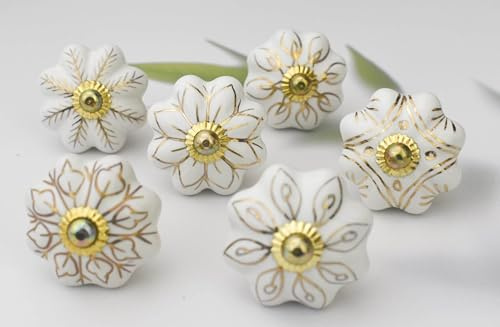 ARTISNO Keramiska knoppar köksskåp låda knoppar hårdvaruknoppar handgjorda knoppar skåpsknoppar keramiska dörrknoppar. Set om 6 (vit blomma)