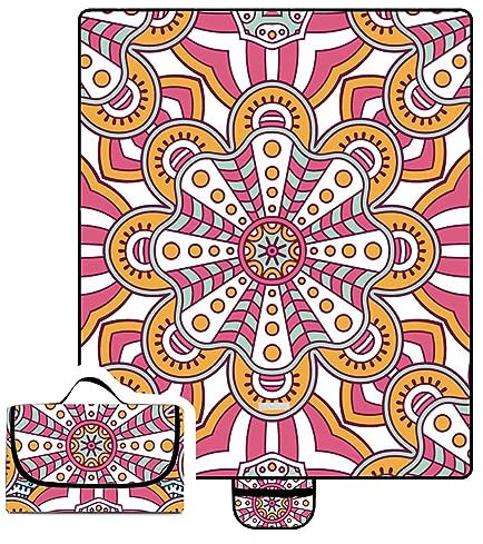 Picknickdecke 180x200cm,XXL Picknickdecke mit Wasserdichter Unterseite,Outdoor Stranddecke Sandfrei,mit Tragegriff Faltbare Picnic Blanket für Camping,Strand,Park,Familie,Konzerte Rosa-gelbes Mandala
