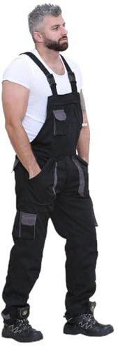 look now Men's Hi Vis Contrast Dungaree Work Wear Breathable Overall Trousers (Large, CN2 Dungree - Black)