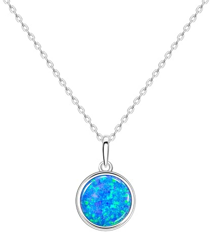 KristLand Moonlight Kette Damen Erstellt Weißer Opal Anhänger aus Sterlingsilber mit Anhänger kreisförmig Kreis Form Geschenk für Frauen/Mädchen/Hochzeiten/Party 16MM Opal