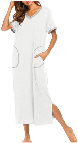 Masrin Nachthemd Damen Einfarbiges Maxikleid V-Ausschnitt Langarm Pulloverkleid Knöchellange Nachtwäsche mit Taschen Pyjama mit Seitenschlitz Schlafanzug Nachtkleid Nightdress