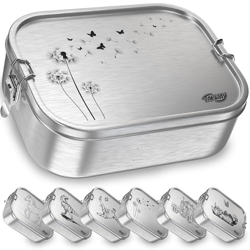 TAKWAY Edelstahl Brotdose mit Fächern 800ml – Auslaufsichere Lunchbox für Kinder & Erwachsene, Bento Box mit flexibler Unterteilung, für Kindergarten, Schule & unterwegs (Pusteblume, 3-Fächer)