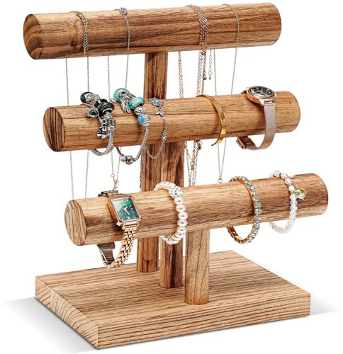 ProCase 3 Etagen T-Form Armbandhalter aus Holz, Abnehmbare Armband Halterung Schmuckhalter Armbänder Display, Vintage Armbandständer Uhrenständer Aufbewahrung für Armreifen Haarklammern Uhren -Natur