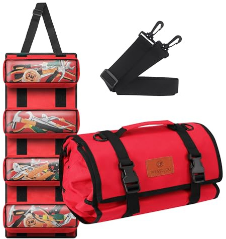 Wessleco Werkzeugrollen-Organizer, Multi-Taschenschlüsselrolle, rot | Mehrere Werkzeugtaschen, aufrollbares Design, einfache Organisation, ideal für Elektriker, Mechaniker und Klempner